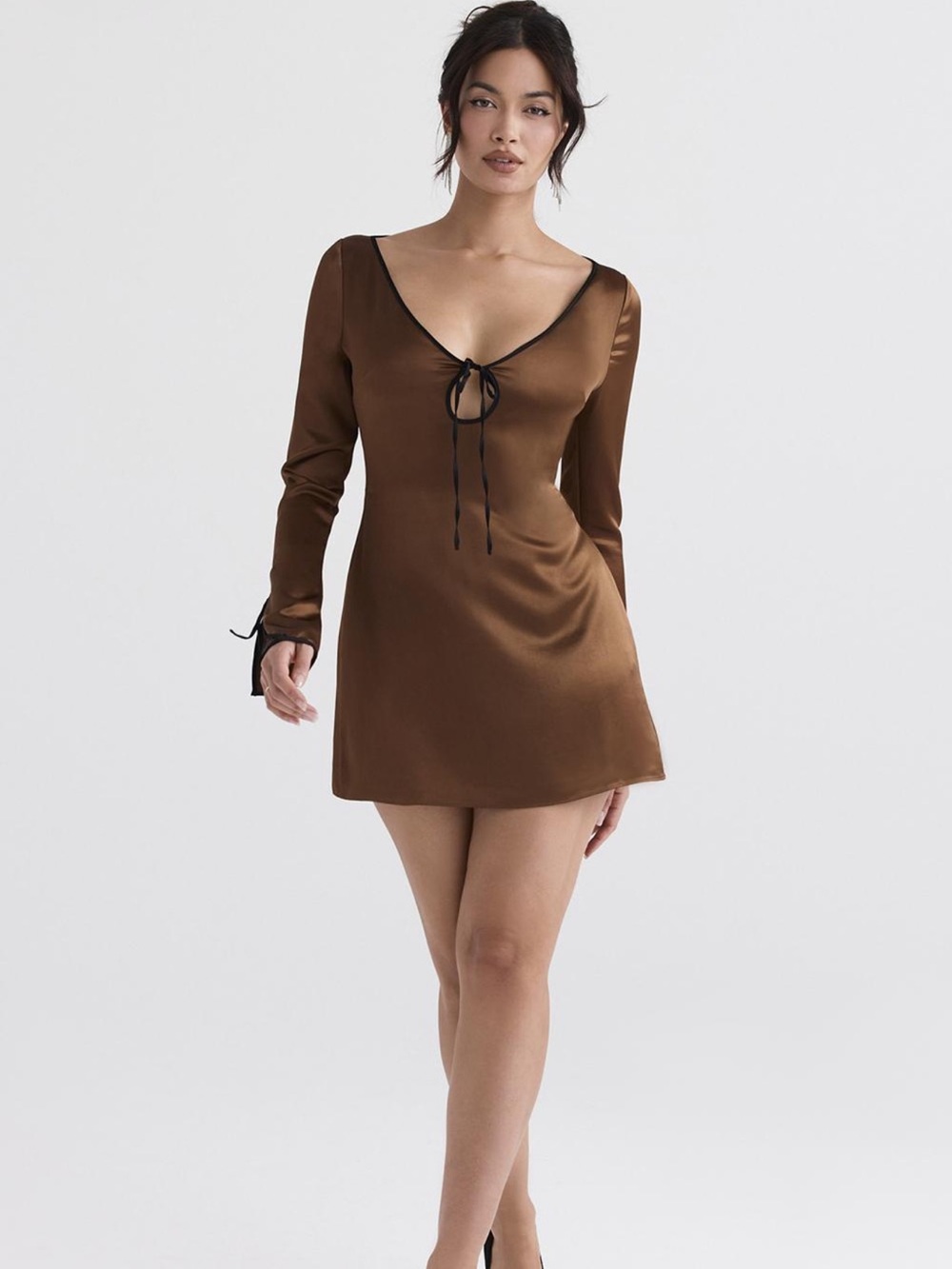 House of CB Chocolate Brown Satin Long Sleeve Tie-Front Mini Dress